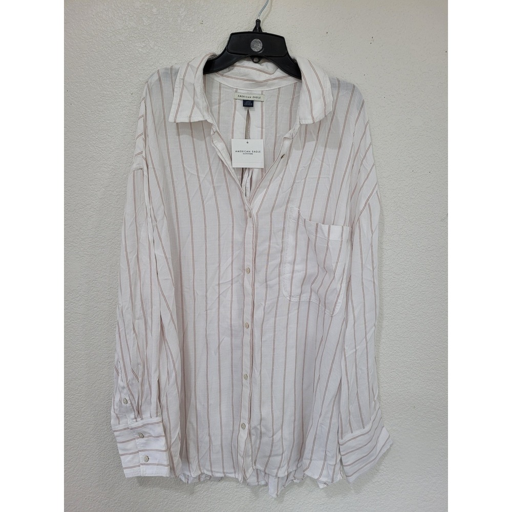 American Eagle White Tan Pinstripe Open Back Tie Button Down Shirt Womens L #25